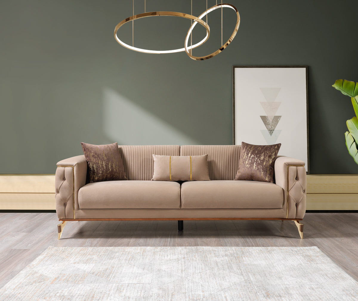 Front angle of Vivian Coffee Velvet Sofa and Loveseat