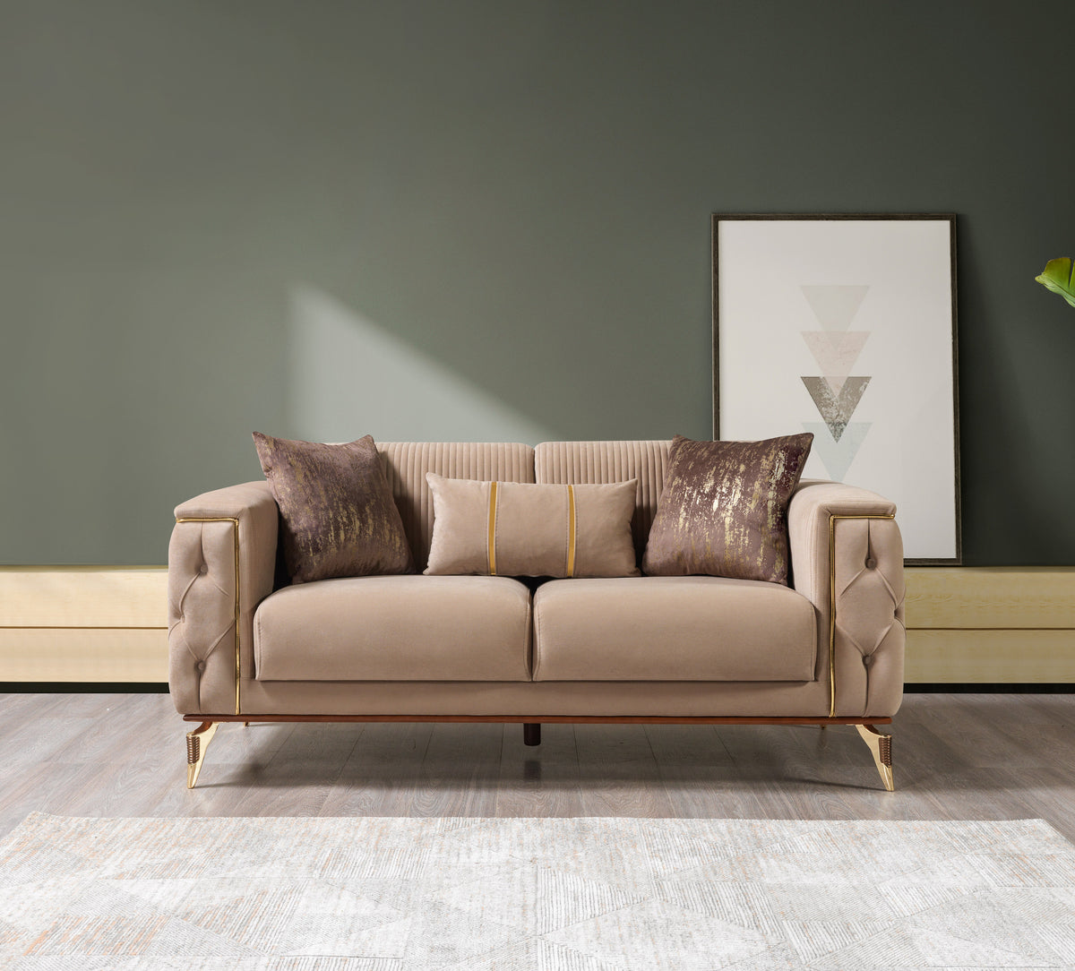 Side angle of Vivian Coffee Velvet Sofa and Loveseat