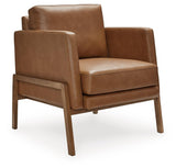 Numund caramel accent chair side view showing wooden frame