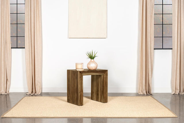 Side angle of Odilia rectangular solid wood end table in Auburn finish