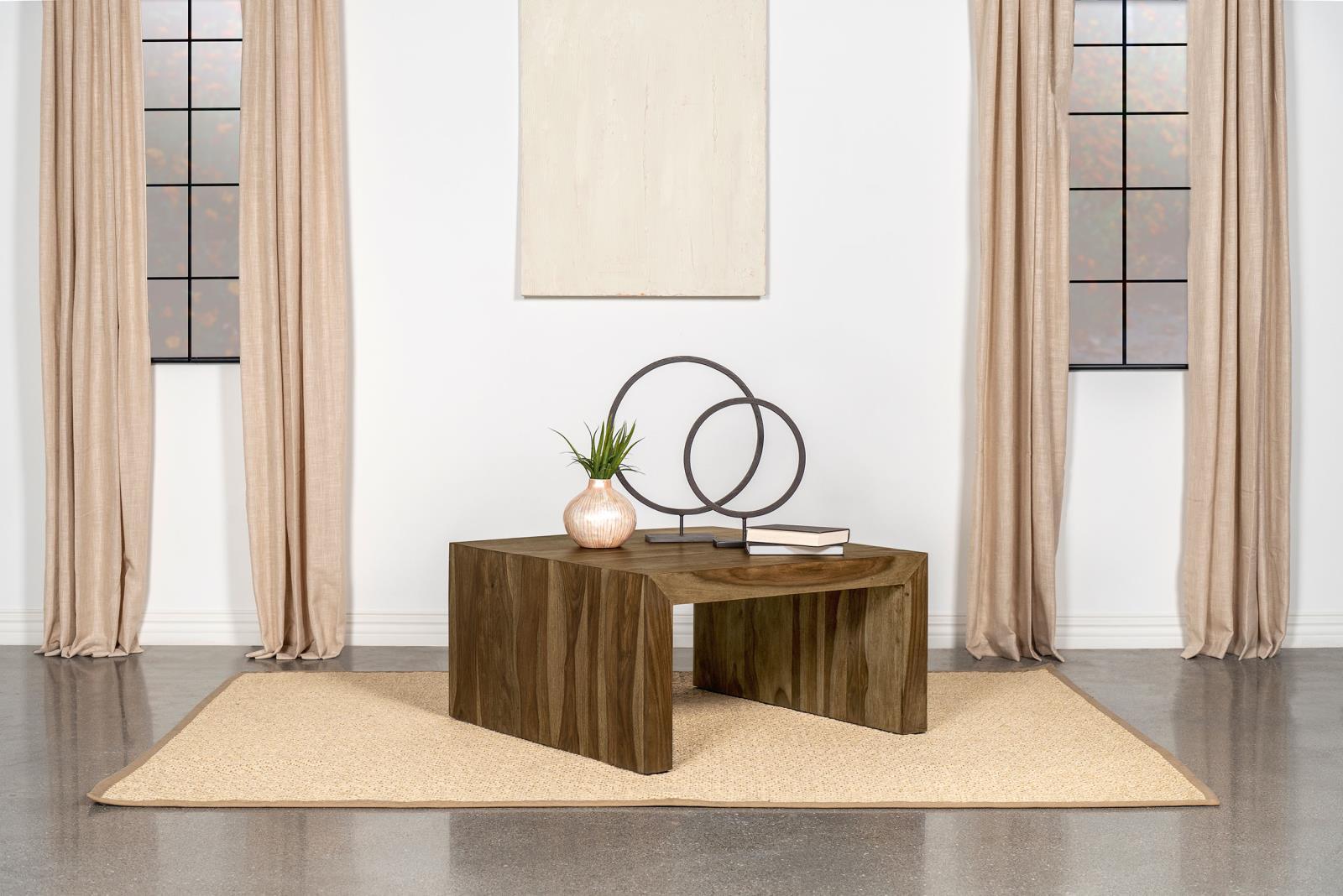 Top view showing square shape and wood grain of Odilia Coffee Table