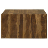 Close-up of wood grain and mitered corners on Odilia coffee table