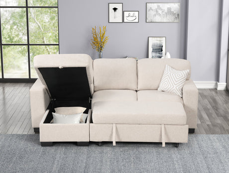 Main view of beige sectional with pull-out bed