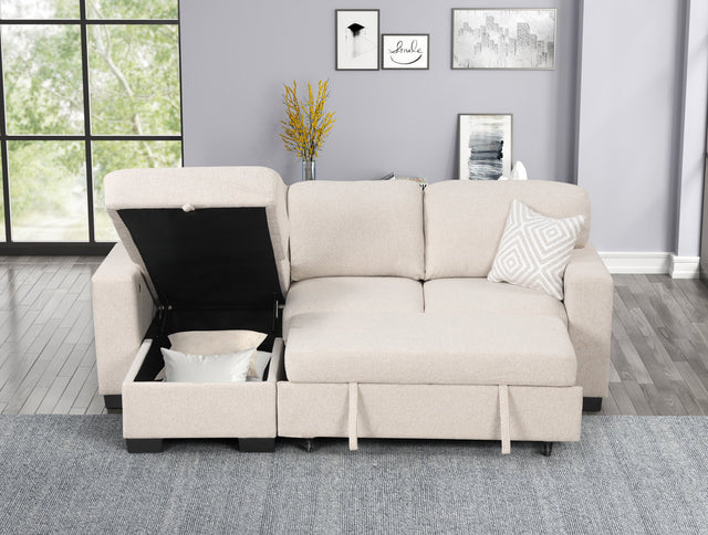 Main view of beige sectional with pull-out bed