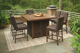 Medium Brown outdoor bar table and bar stools set on patio