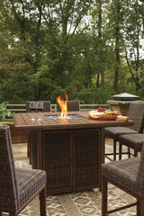 Side angle of outdoor bar table showing wood-look finish and wicker accents