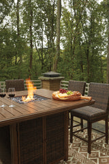 Paradise Medium Brown Outdoor Bar Table with Fire Pit and 8 Barstools