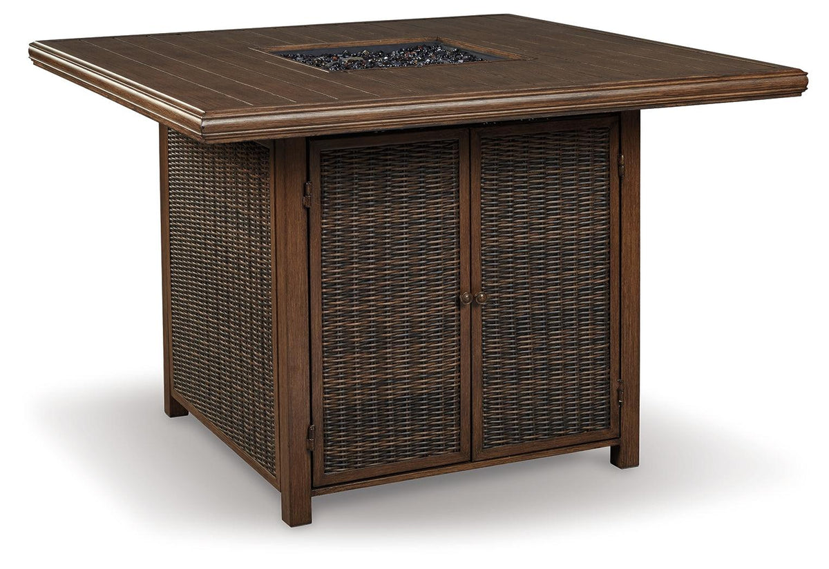 Paradise Medium Brown Outdoor Bar Table with Fire Pit and 8 Barstools