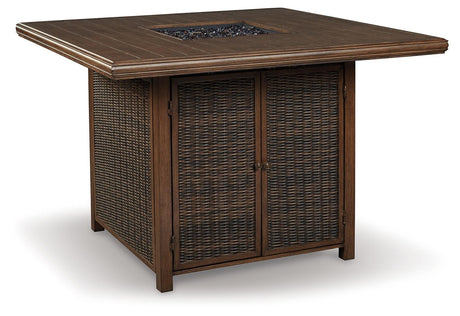 Paradise Medium Brown Outdoor Bar Table with Fire Pit and 8 Barstools