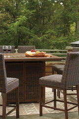 Bar stool with handwoven wicker and wood-look aluminum legs
