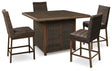Paradise Trail Medium Brown Outdoor Counter Height Dining Table with 4 Barstools showing front angle
