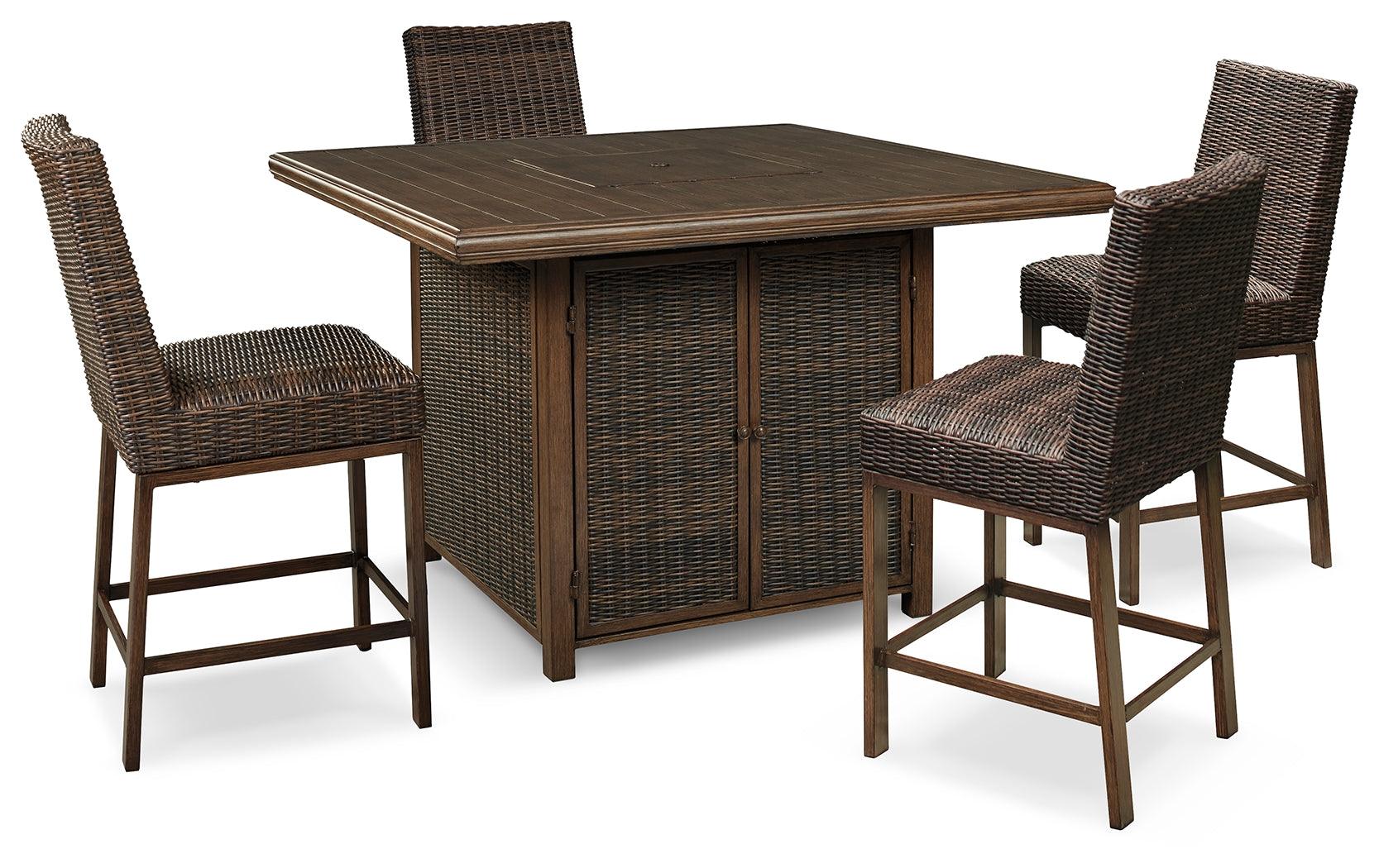 Paradise Trail Medium Brown Outdoor Counter Height Dining Table with 4 Barstools showing front angle