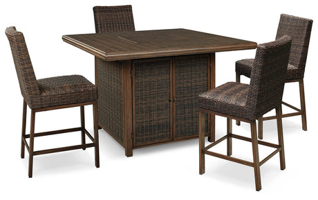 Paradise Trail Medium Brown Outdoor Counter Height Dining Table with 4 Barstools showing front angle
