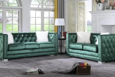 Paris II green velvet tufted sofa and loveseat main view