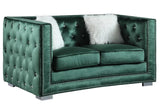 Side view of Paris II green velvet tufted sofa and loveseat
