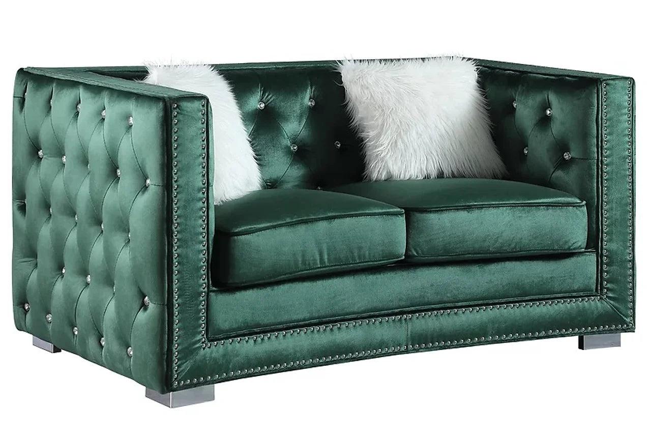 Side view of Paris II green velvet tufted sofa and loveseat