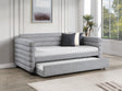 Side view of Patricia Boucle Upholstered Twin Daybed with Trundle grey fabric