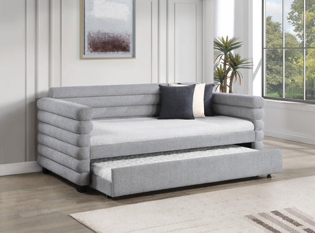 Side view of Patricia Boucle Upholstered Twin Daybed with Trundle grey fabric