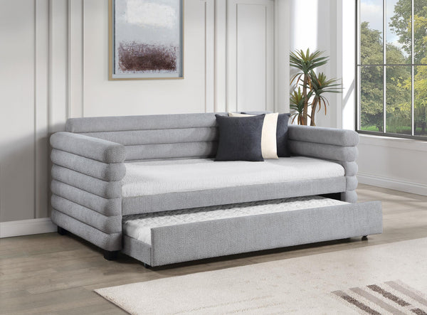 Side view of Patricia Boucle Upholstered Twin Daybed with Trundle grey fabric