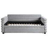 Close-up of boucle upholstery texture on Patricia twin daybed