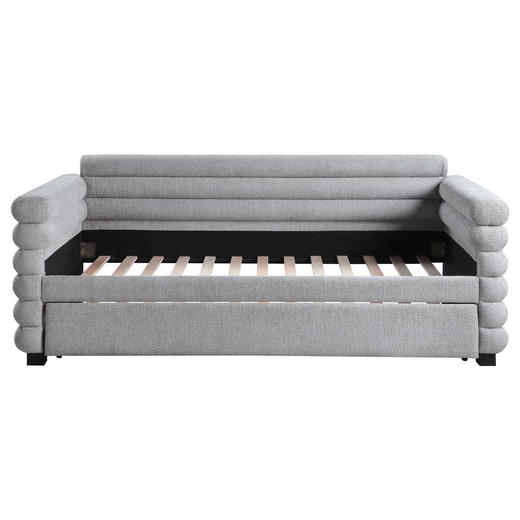 Close-up of boucle upholstery texture on Patricia twin daybed