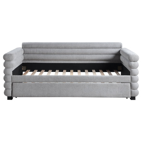 Close-up of boucle upholstery texture on Patricia twin daybed