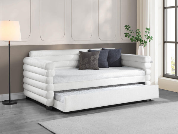 Patricia Boucle Upholstered Twin Daybed with Trundle in white, angled corner view