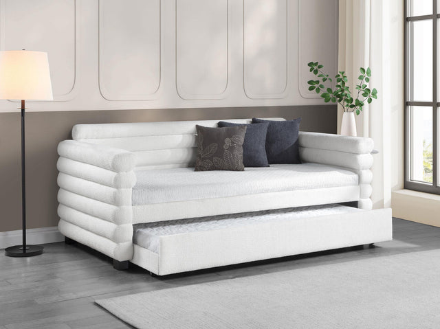 Patricia Boucle Upholstered Twin Daybed with Trundle in white, angled corner view