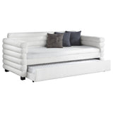 Patricia Boucle Upholstered Twin Daybed with Trundle in white, showing trundle pulled out