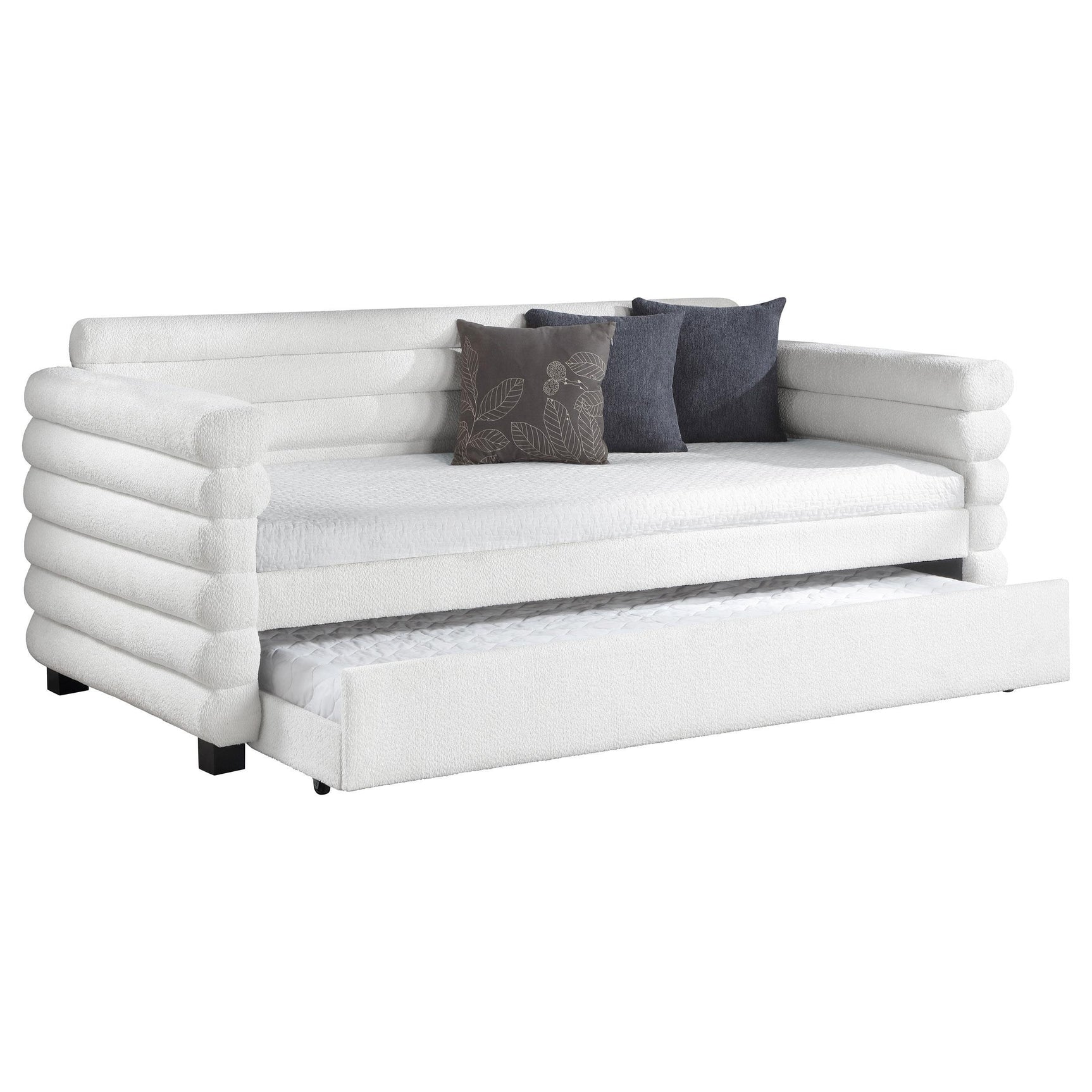 Patricia Boucle Upholstered Twin Daybed with Trundle in white, showing trundle pulled out