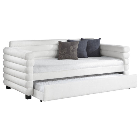 Patricia Boucle Upholstered Twin Daybed with Trundle in white, showing trundle pulled out