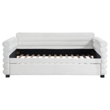 Close-up of white boucle upholstery on Patricia twin daybed