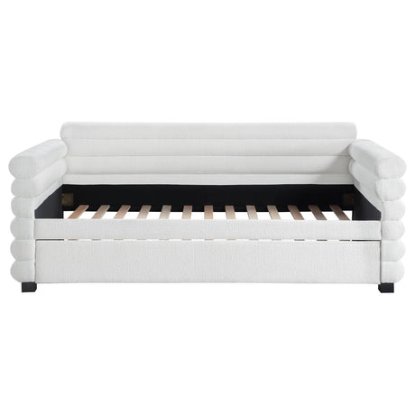Close-up of white boucle upholstery on Patricia twin daybed