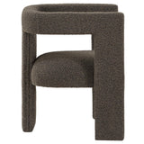 Petra Boucle Upholstered Accent Side Chair chocolate brown angle showing plastic glides