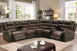 Phoenix brown faux leather reclining sectional sofa angled view
