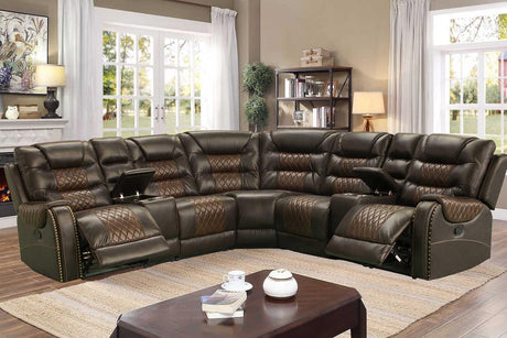 Phoenix brown faux leather reclining sectional sofa angled view