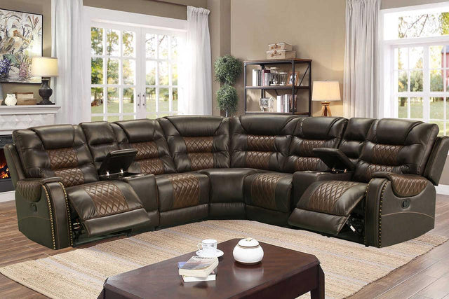 Phoenix brown faux leather reclining sectional sofa angled view