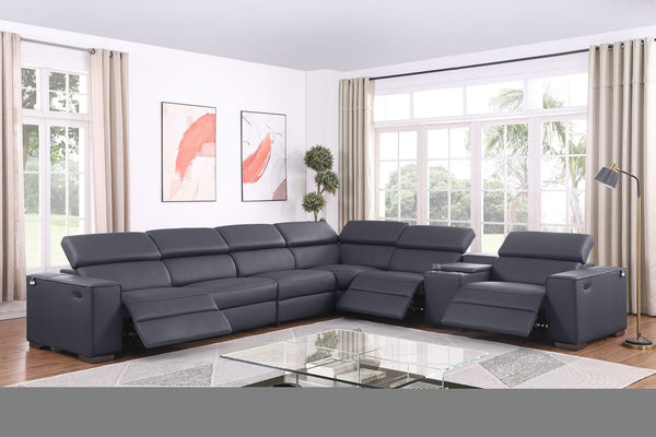 Picasso II 7-Piece Dark Grey Italian Leather Power Reclining Sectional with Storage Console from Decor Furniture