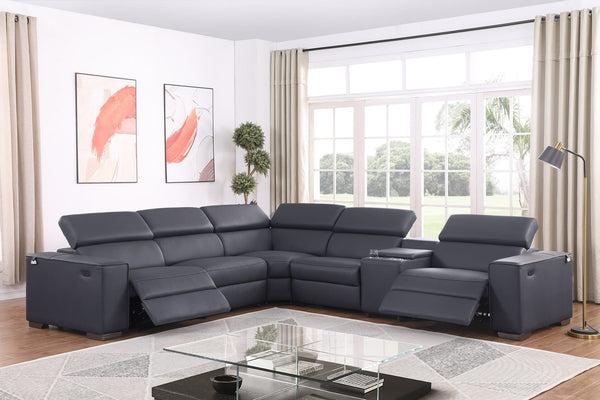 Picasso II Dark Grey Italian Leather 6-Piece Power Reclining Sectional with 2 Power Seats from Decor Furniture