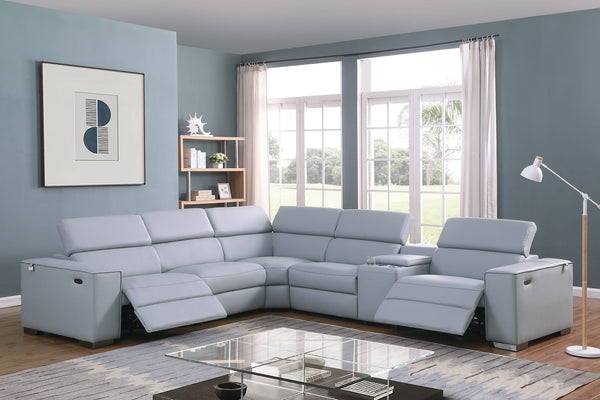 Picasso II Light Blue Italian Leather 6-Piece Power Reclining Sectional with 2 Power Seats from Decor Furniture