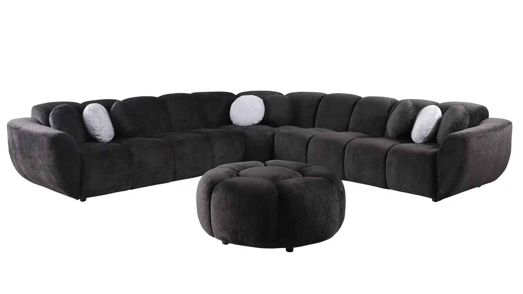 Rose Black Fabric 3-Piece Sectional Sofa with Ottoman and Pillows view 2