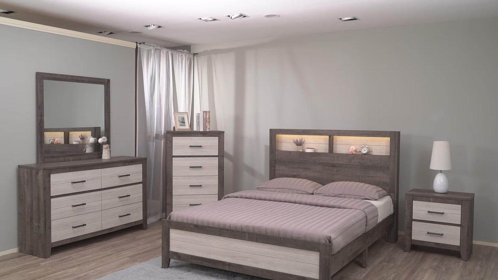 Rhett Brown Cream LED Bookcase King Platform Bed