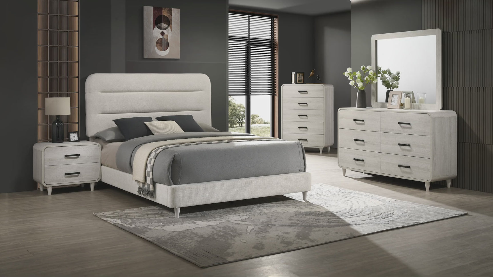 side view of Nyomi White Upholstered Panel Bedroom Set bed