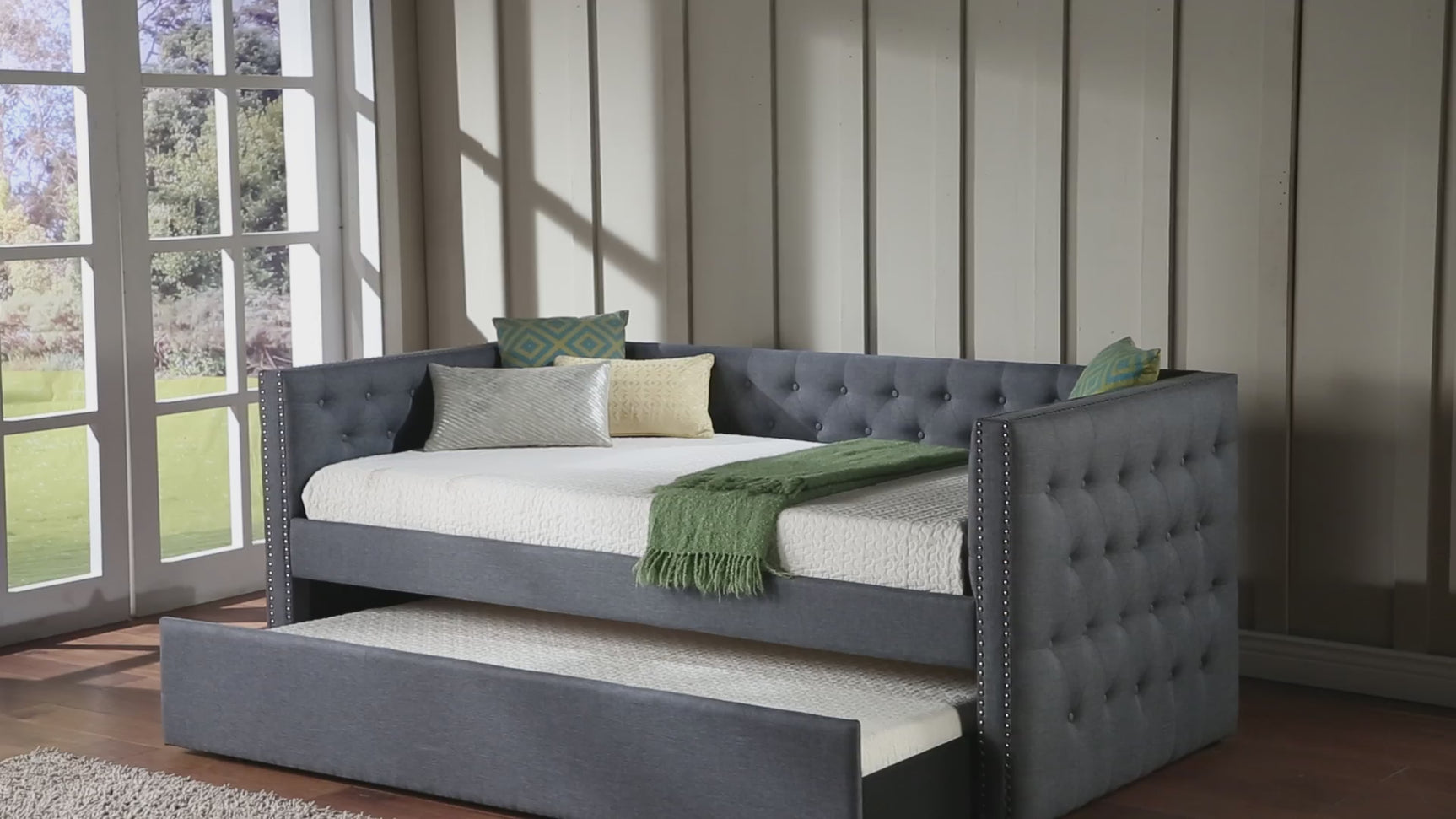 Trina Gunmetal Gray Upholstered Tufted Trundle Daybed