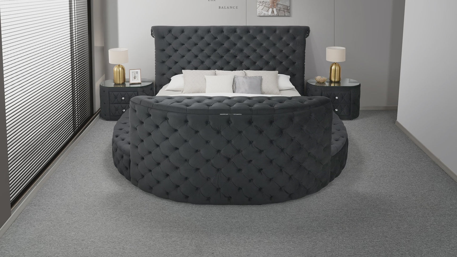 Voltare Black Tufted Upholstered Queen Bed with Storage Options