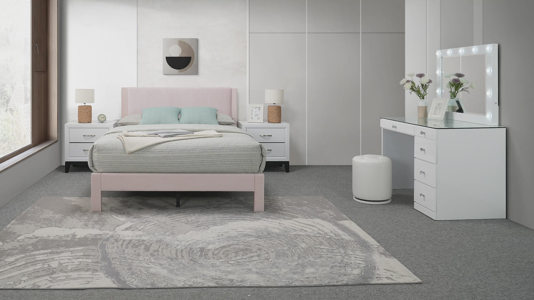 Lucia Pink Upholstered Platform Queen Bed with 12 Roller Slats