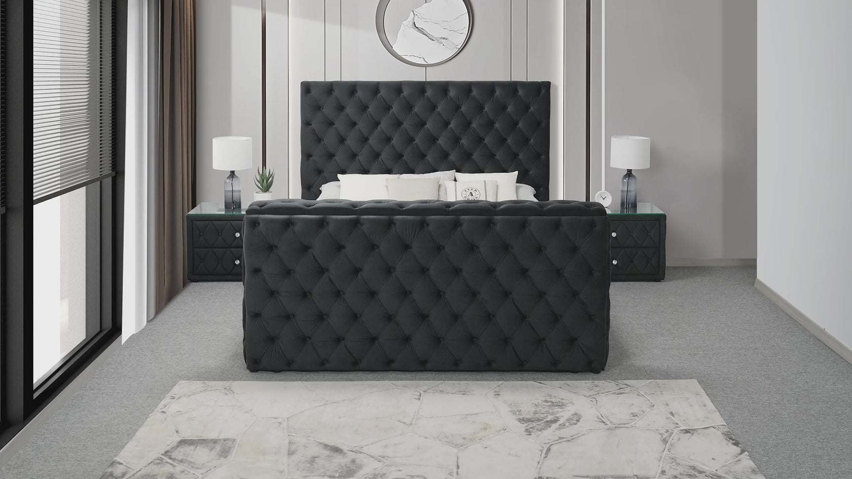 Josephine Black Tufted Upholstered Queen Bed with TV Lift Panel