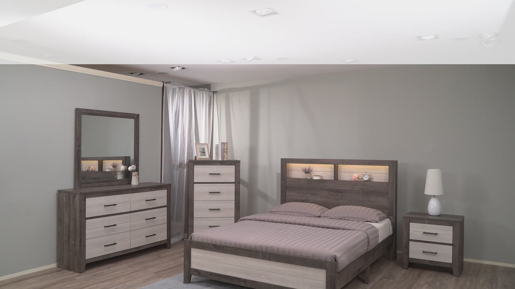 Rhett Brown Cream LED Bookcase King Platform Bed