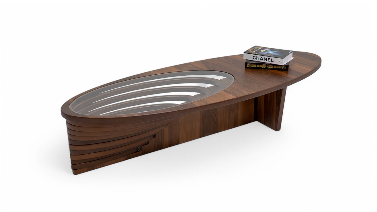 Sasha Walnut Coffee Table with decorative items on top