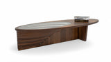 Side profile of Sasha Walnut Coffee Table legs and walnut finish